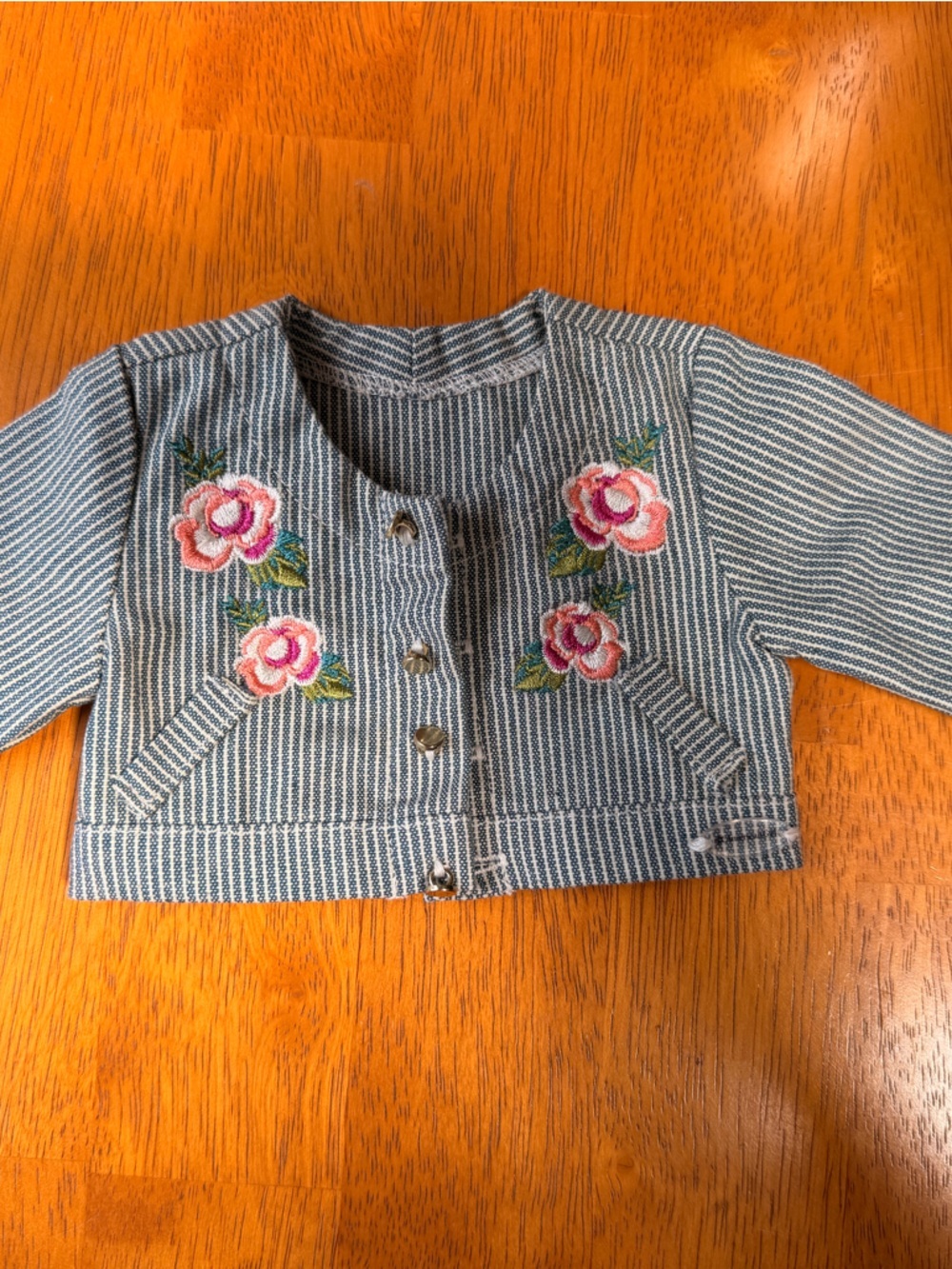American Girl EvetBlue-White Striped Overalls Jacket with Pink Floral Embroidery